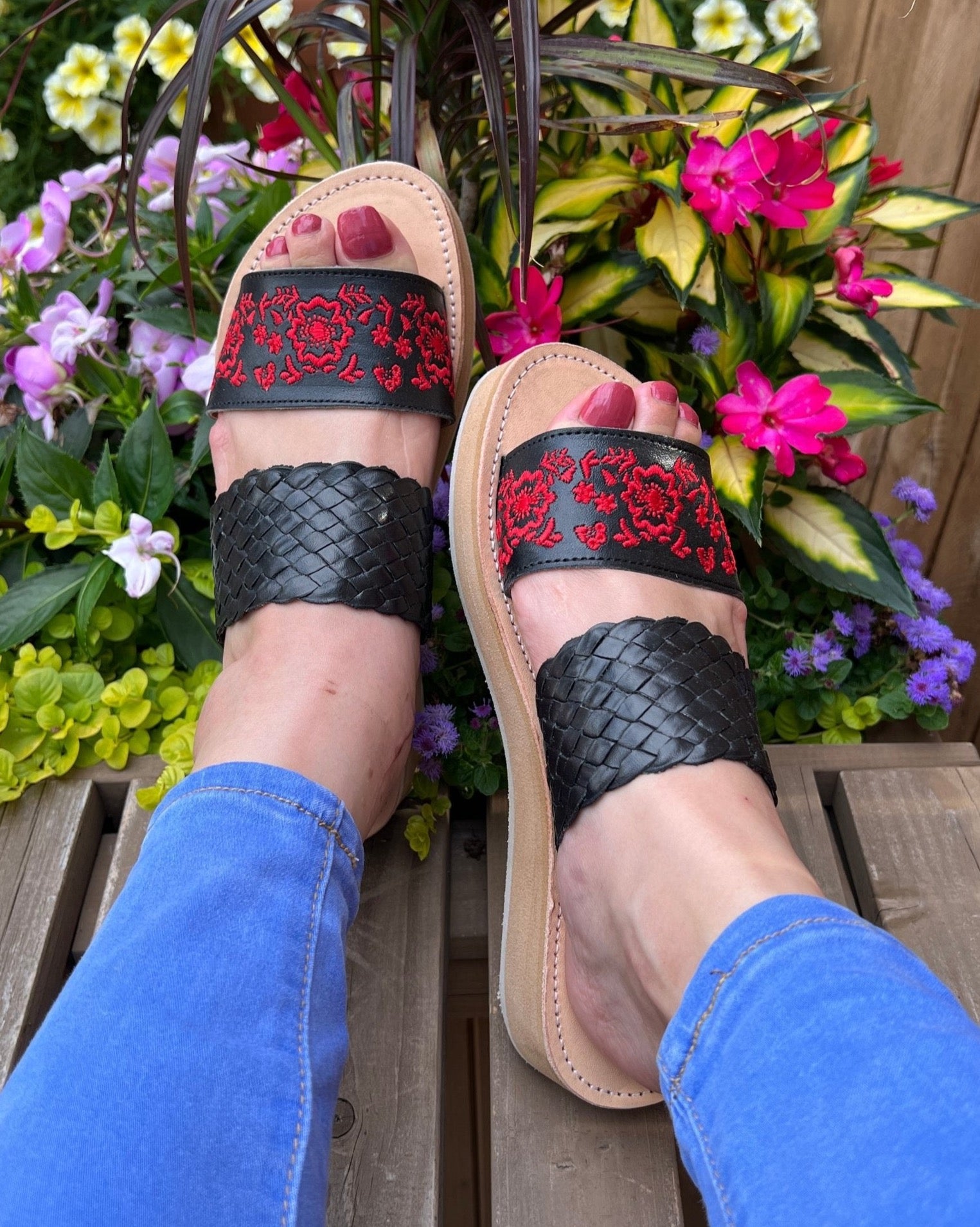 Embroidered Double Strap Slide Sandals. Chancla Luisa. - Solei Store