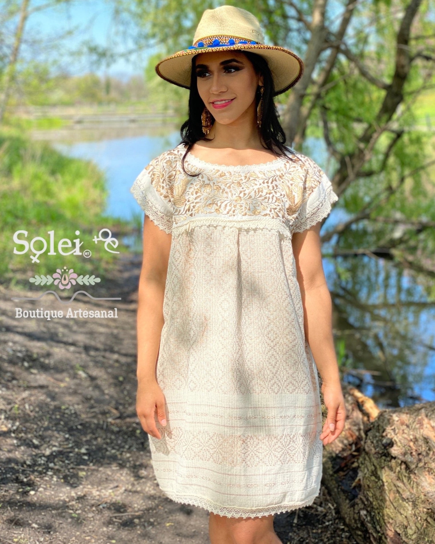 Embroidered Dress Made on a Loom. Hand Embroidered Dress. Vestido Mitla Corto (Gold) - Solei Store