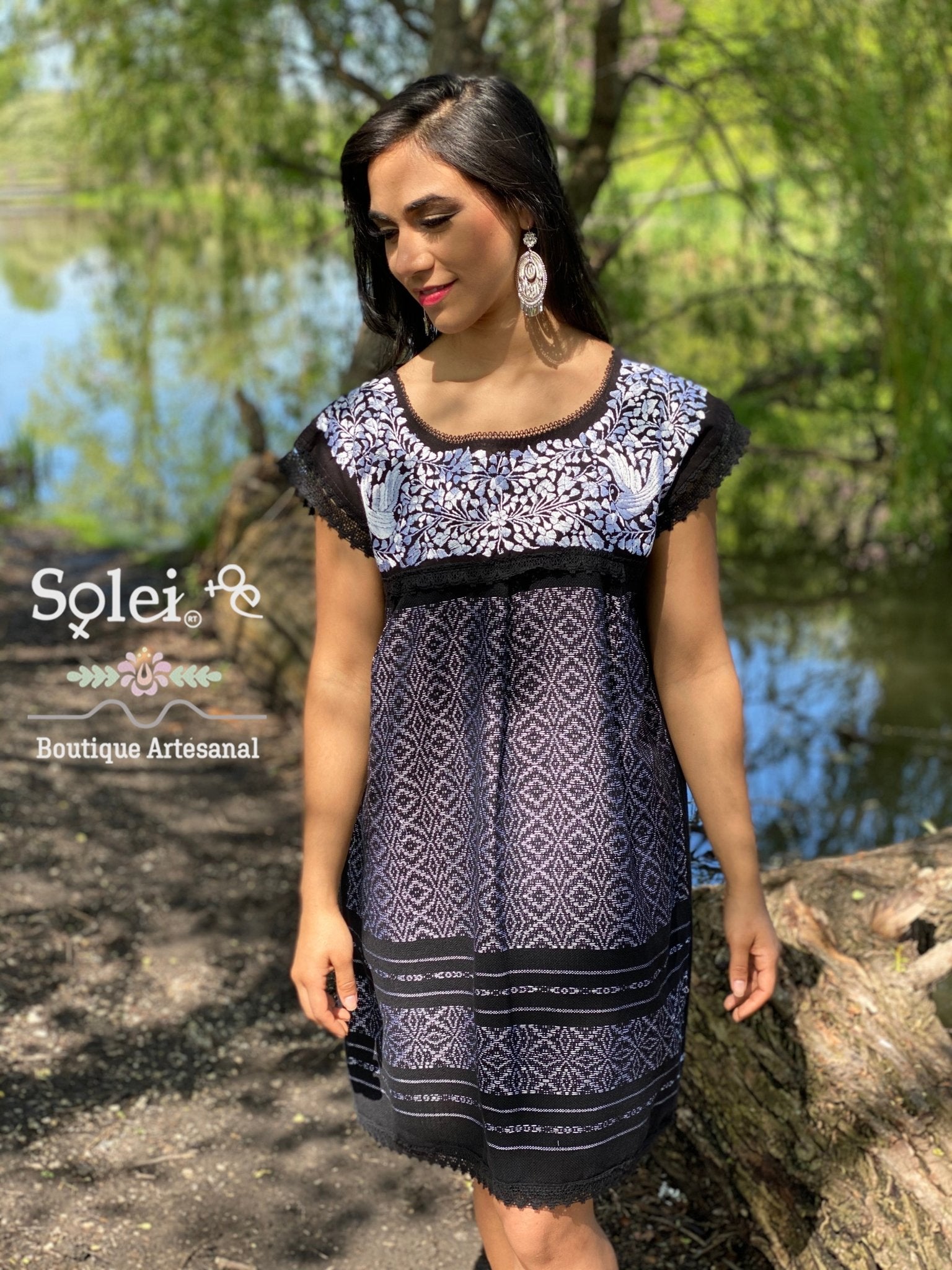 Embroidered Dress Made on a Loom. Hand Embroidered Dress. Vestido Mitla Corto (Gold) - Solei Store