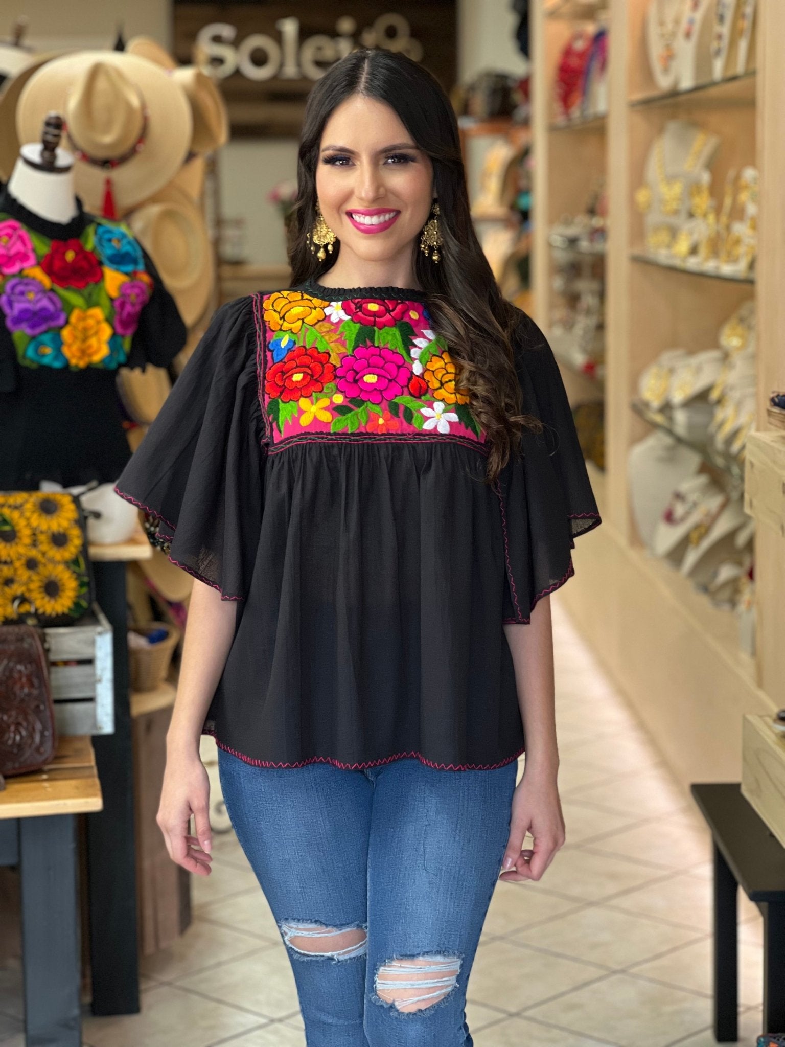 Embroidered Mexican Tunic Blouse. Luz Maria Zinacatan Blouse. - Solei Store