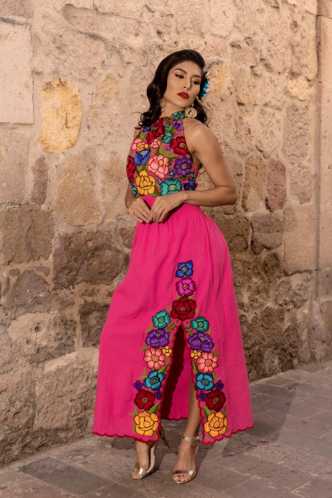 Mexican Embroidered Halter Dress in Fuchsia with multicolor embroidery.
