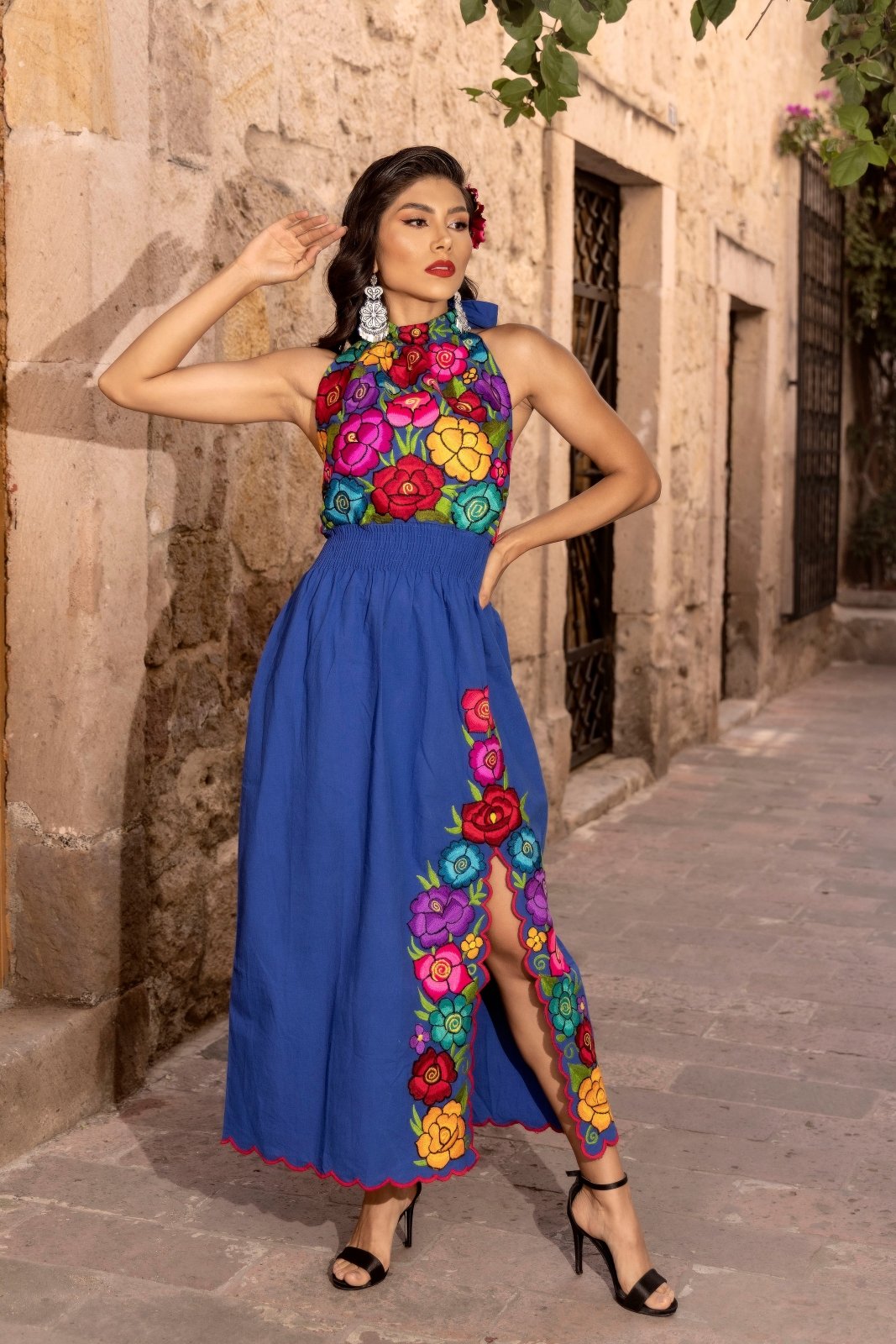 Mexican Embroidered Halter Dress in Royal Blue with multicolor embroidery.
