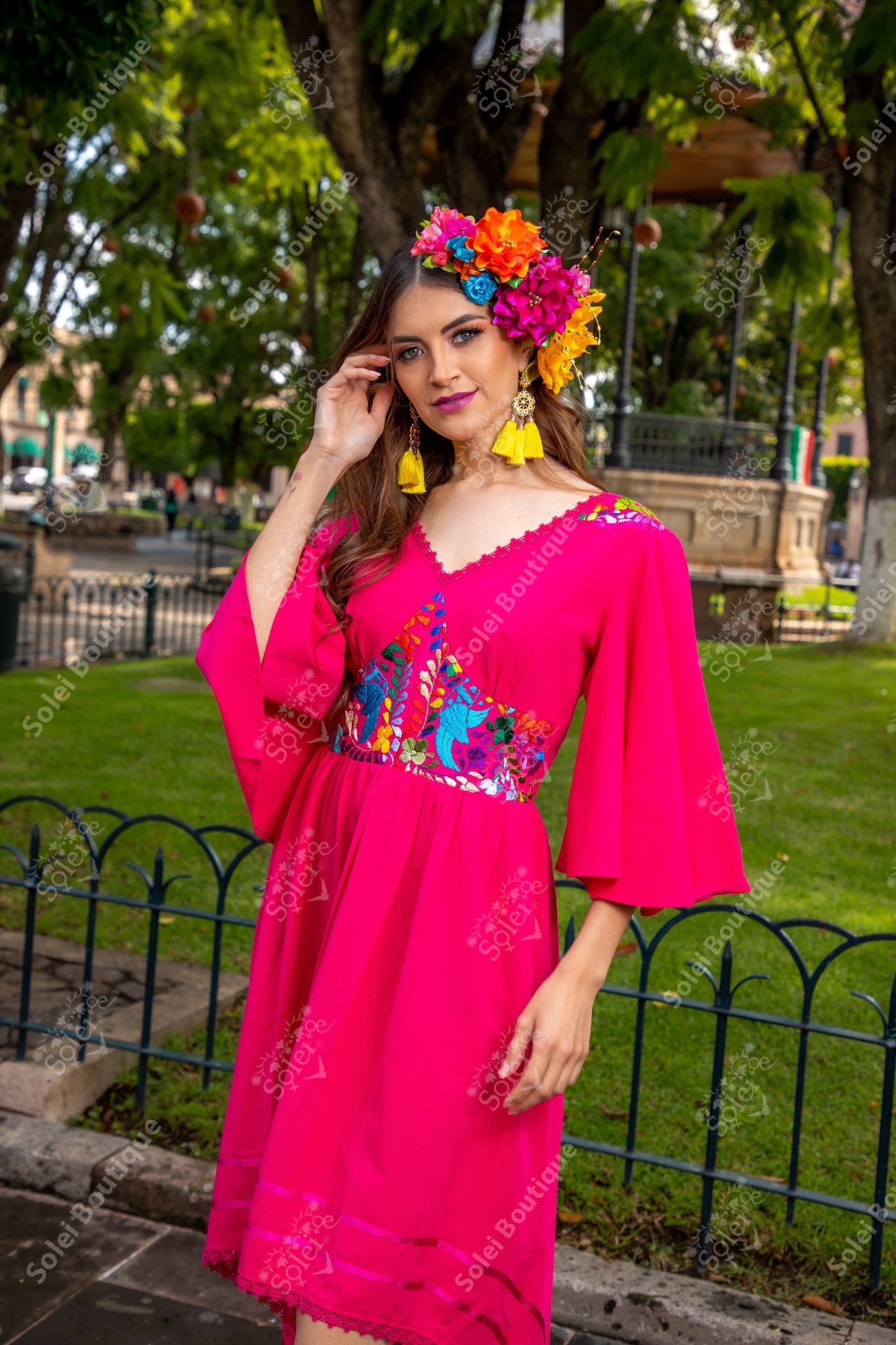 Floral Embroidered Bell Sleeve Naabani Dress - Solei Store
