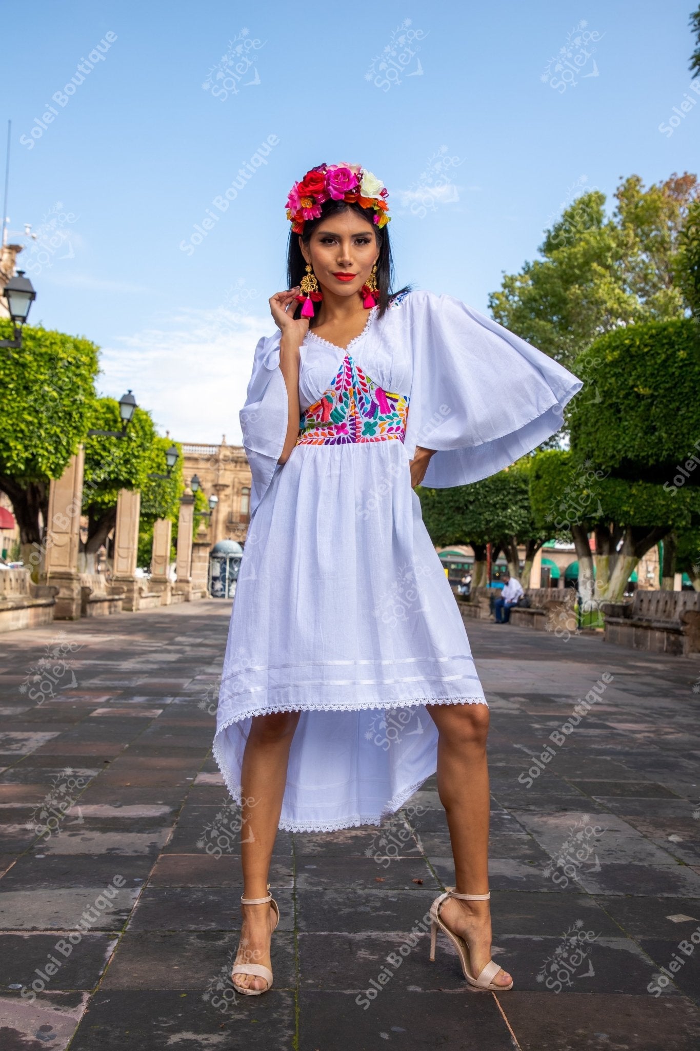 Floral Embroidered Bell Sleeve Naabani Dress - Solei Store
