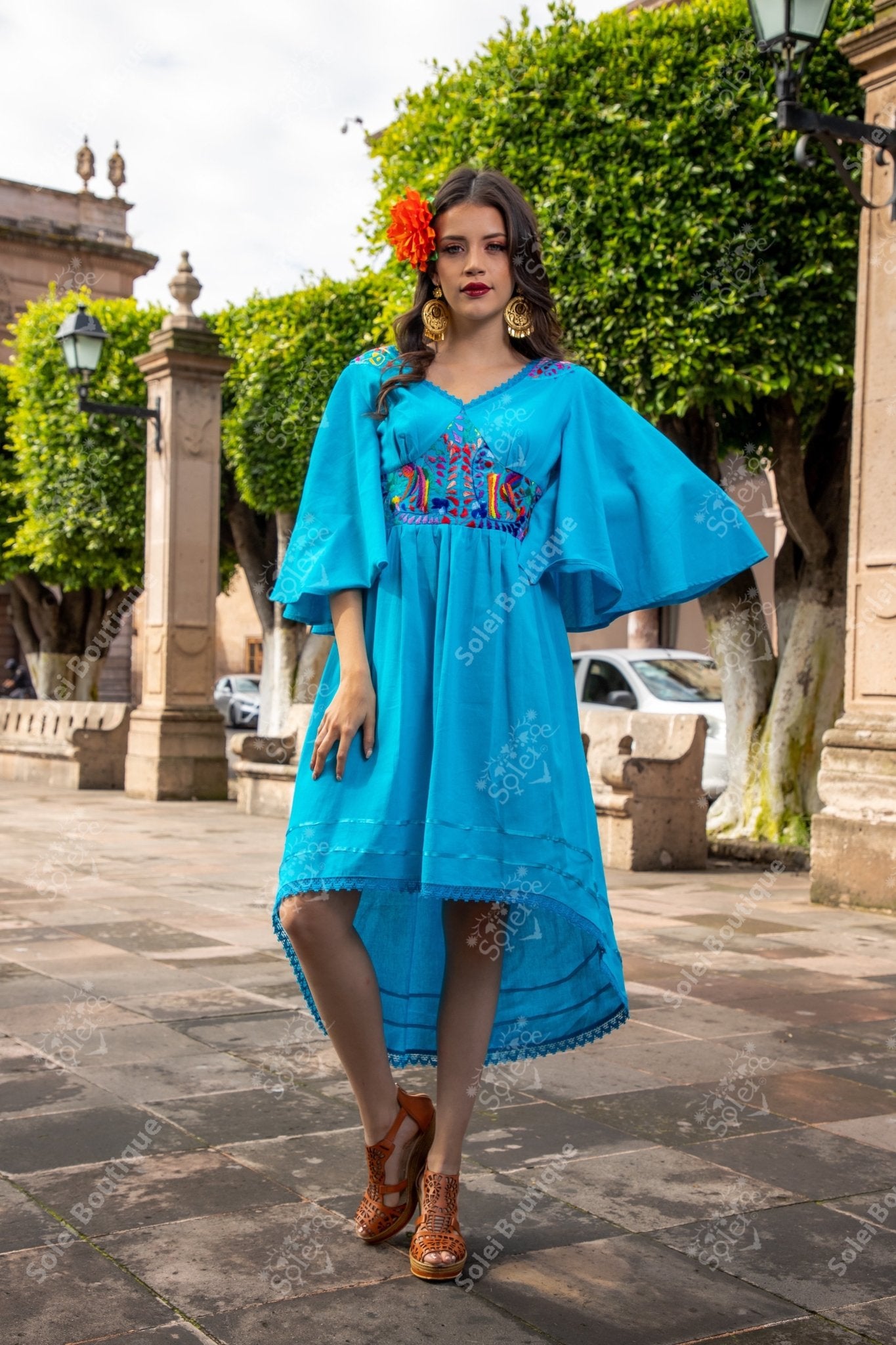 Floral Embroidered Bell Sleeve Naabani Dress - Solei Store
