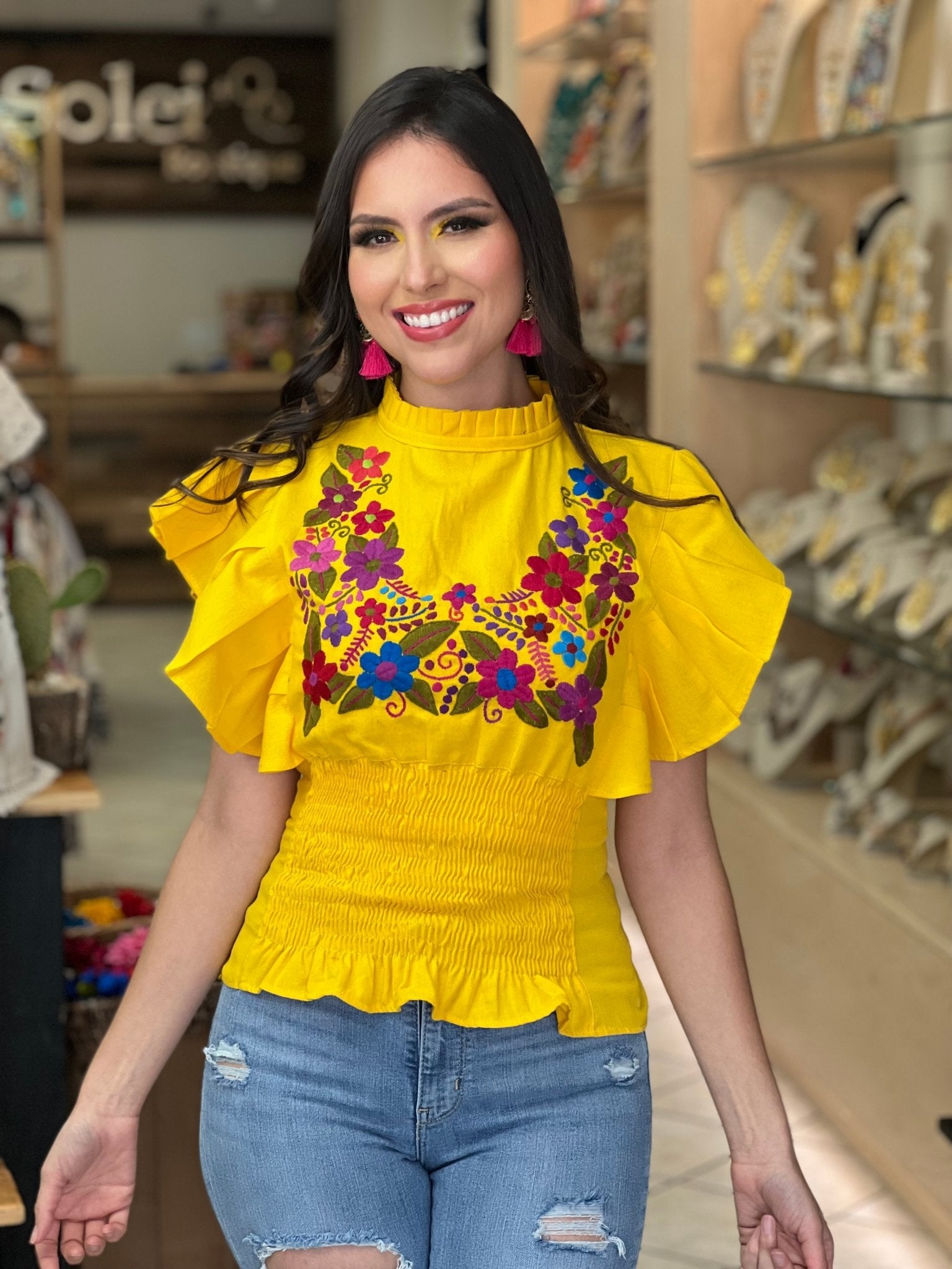 Floral Embroidered Butterfly Sleeve Top. Ursula Blouse. - Solei Store