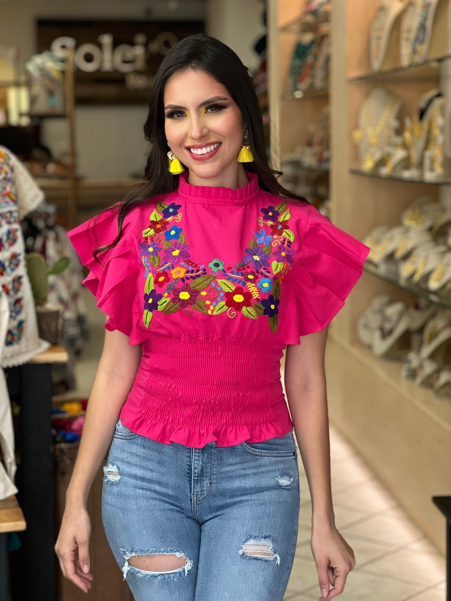 Floral Embroidered Butterfly Sleeve Top. Ursula Blouse. - Solei Store