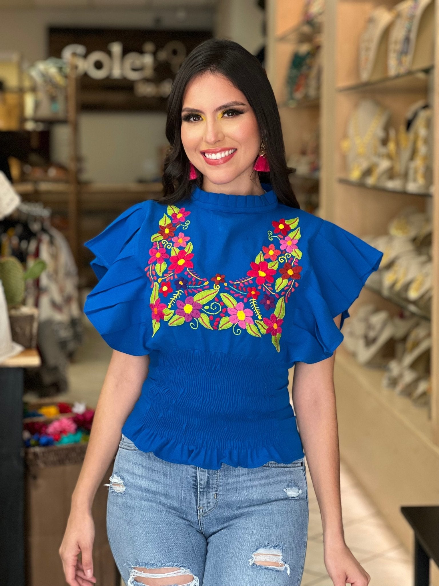 Floral Embroidered Butterfly Sleeve Top. Ursula Blouse. - Solei Store