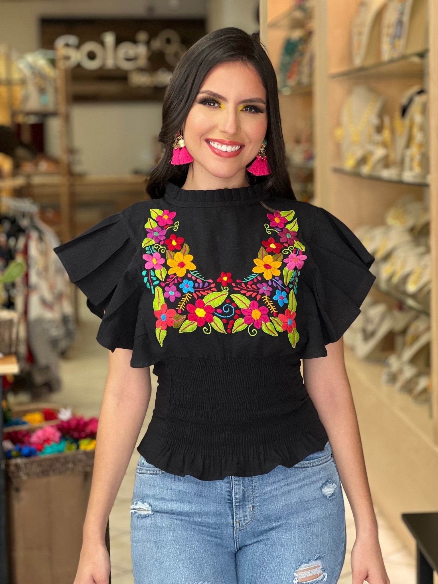 Floral Embroidered Butterfly Sleeve Top. Ursula Blouse. - Solei Store