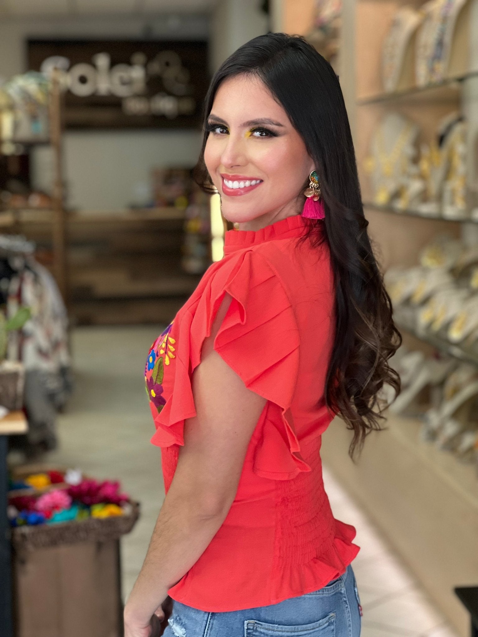 Floral Embroidered Butterfly Sleeve Top. Ursula Blouse. - Solei Store