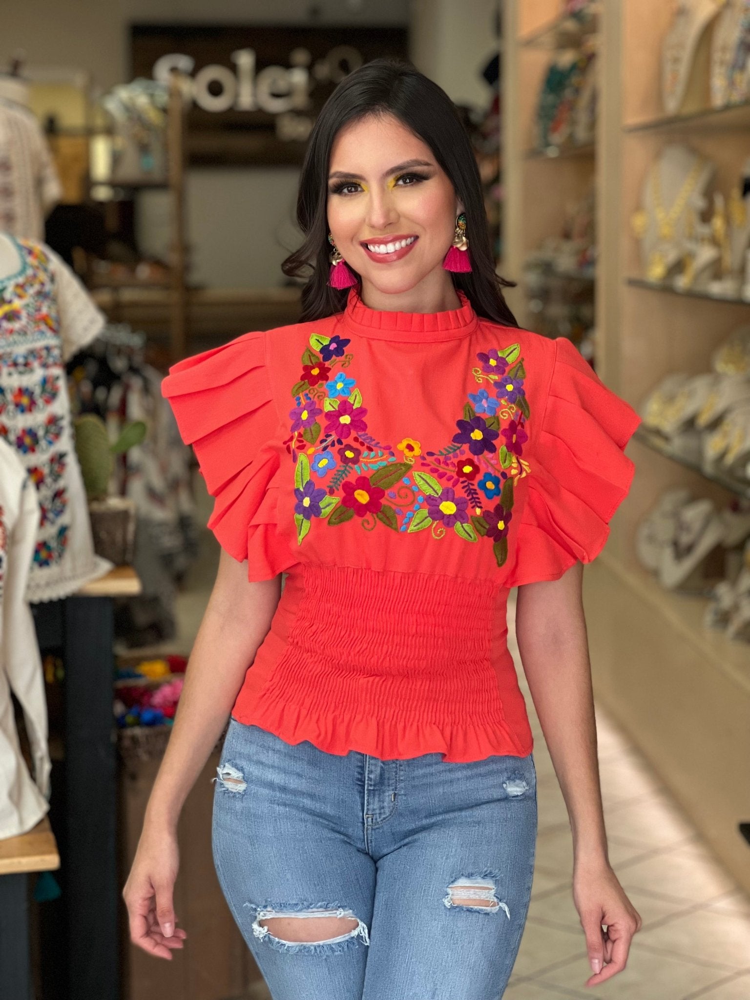 Floral Embroidered Butterfly Sleeve Top. Ursula Blouse. - Solei Store