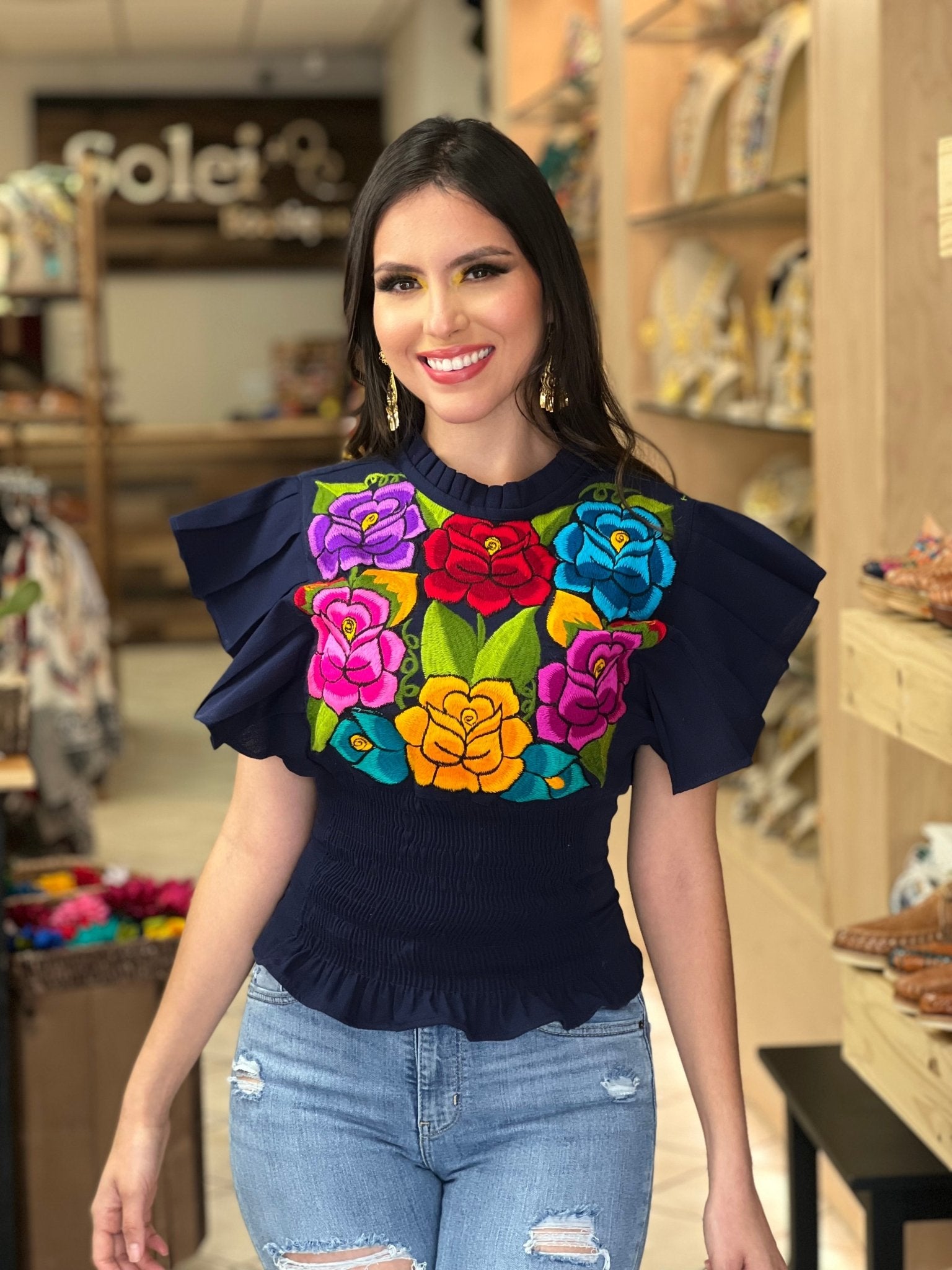 Floral Embroidered Butterfly Sleeve Top. Ursula Zinacatan Blouse. - Solei Store