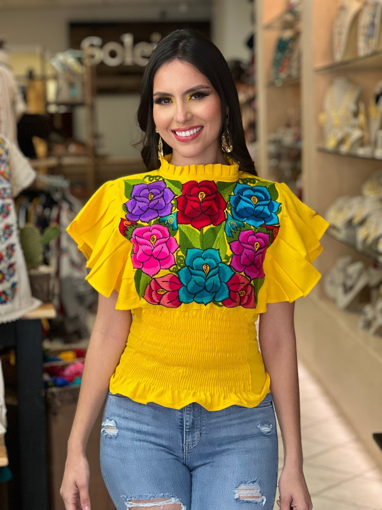 Floral Embroidered Butterfly Sleeve Top. Ursula Zinacatan Blouse. - Solei Store