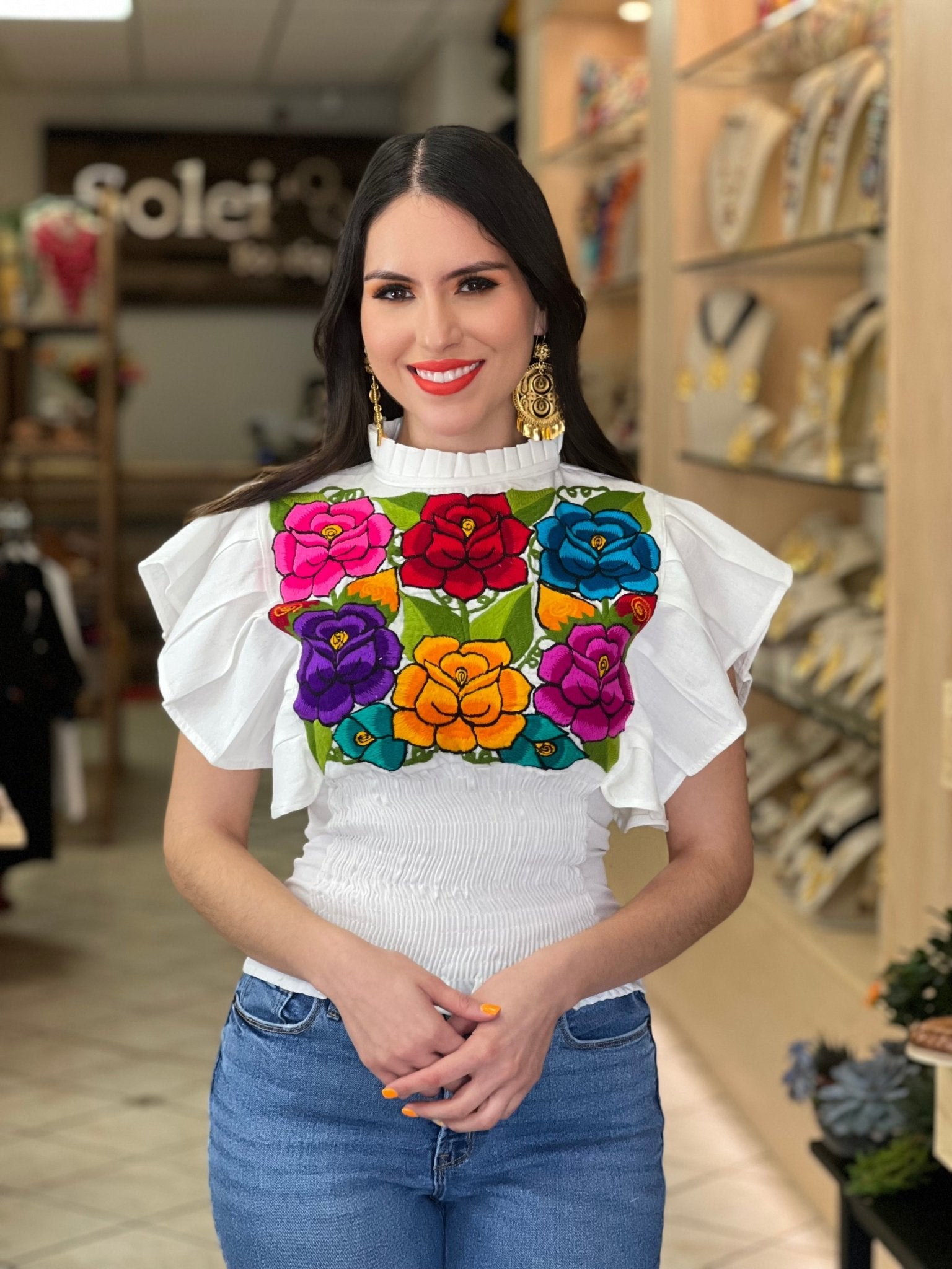 Floral Embroidered Butterfly Sleeve Top. Ursula Zinacatan Blouse. - Solei Store
