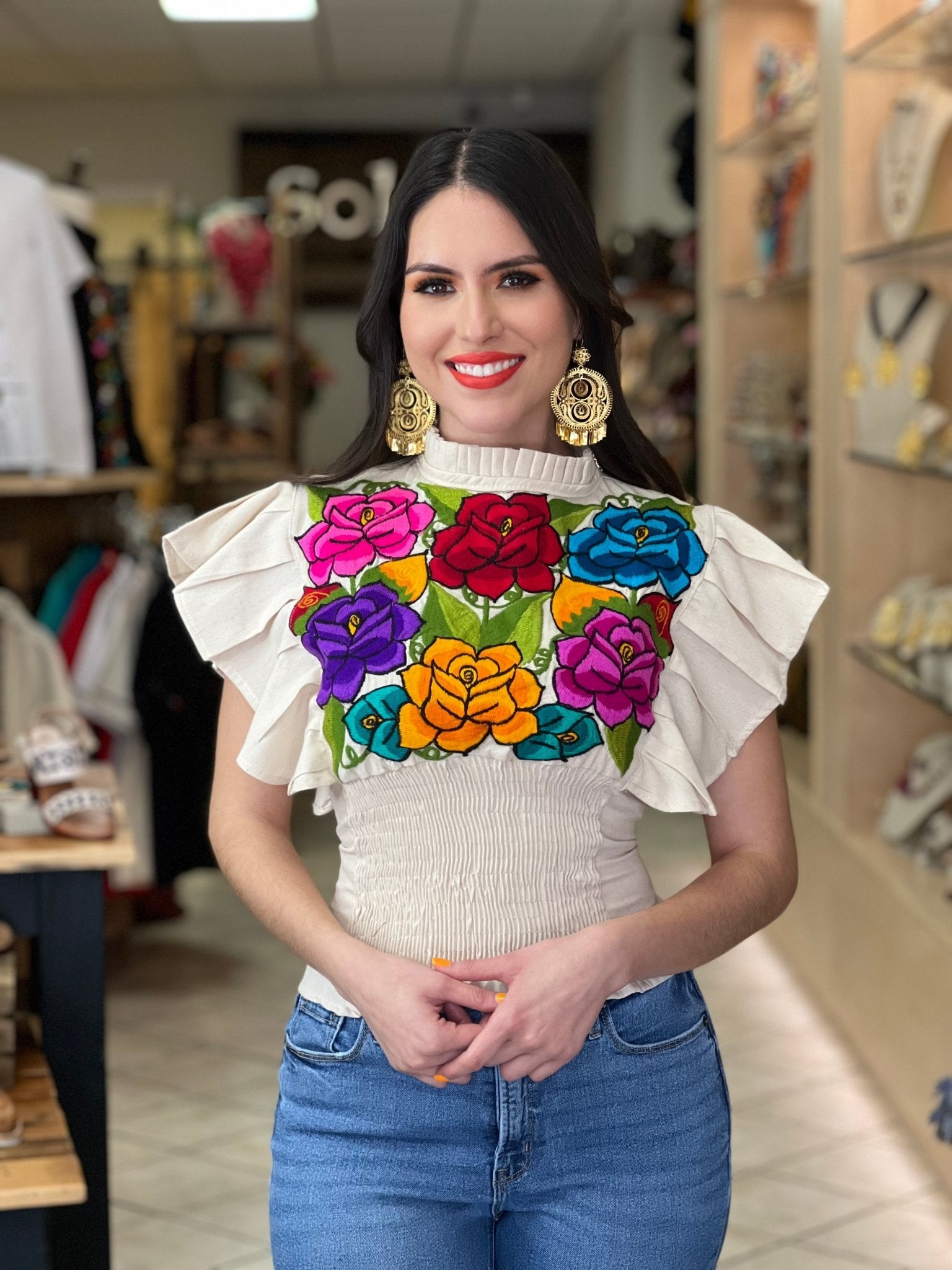 Floral Embroidered Butterfly Sleeve Top. Ursula Zinacatan Blouse. - Solei Store