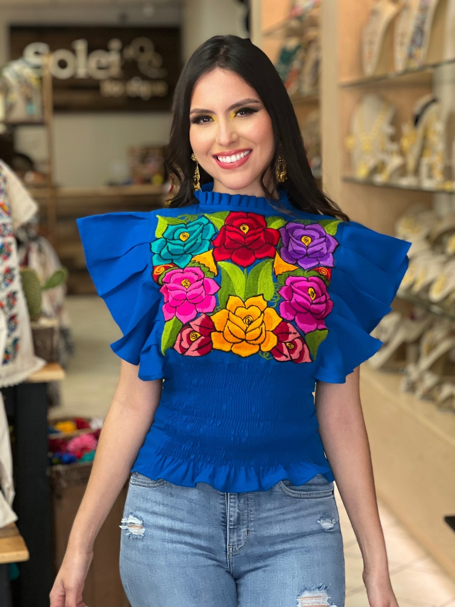 Floral Embroidered Butterfly Sleeve Top. Ursula Zinacatan Blouse. - Solei Store