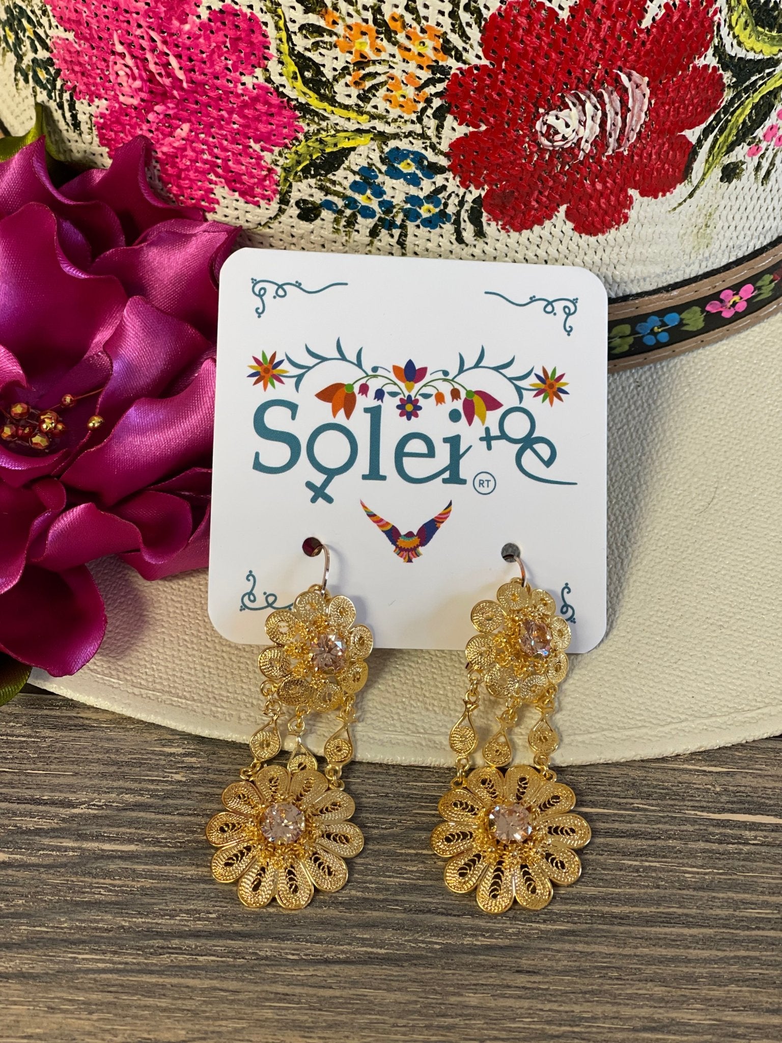 Floral Filigree Earrings with Zirconia. Aretes Doble Girasol. - Solei Store
