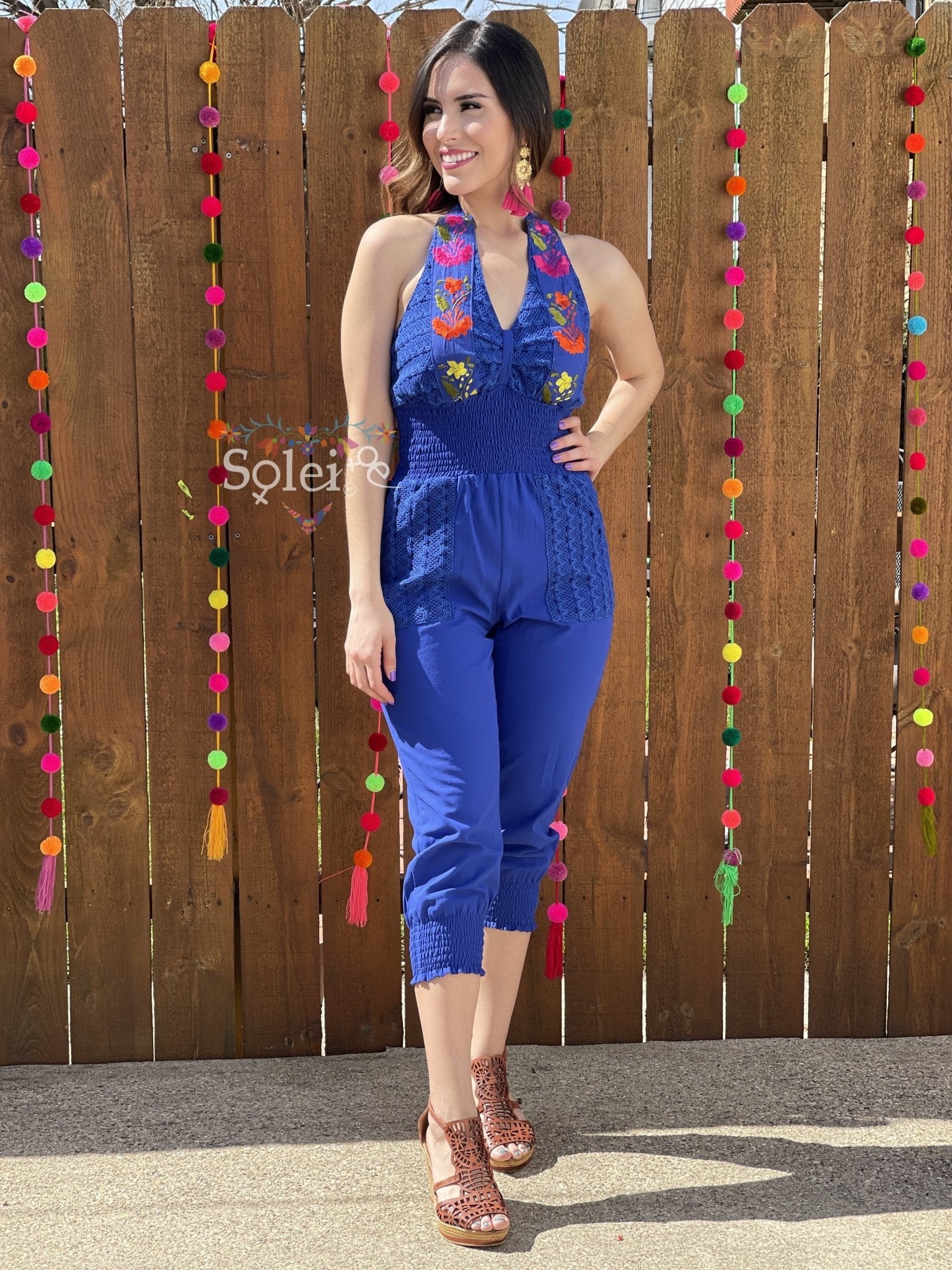 Floral Halter Jumpsuit Korina. Hand Embroidered Mexican Jumpsuit. - Solei Store