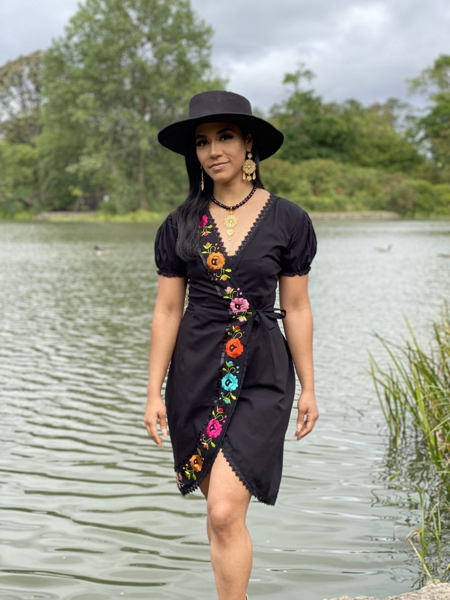 Mexican Hand Embroidered Wrap Dress in Black