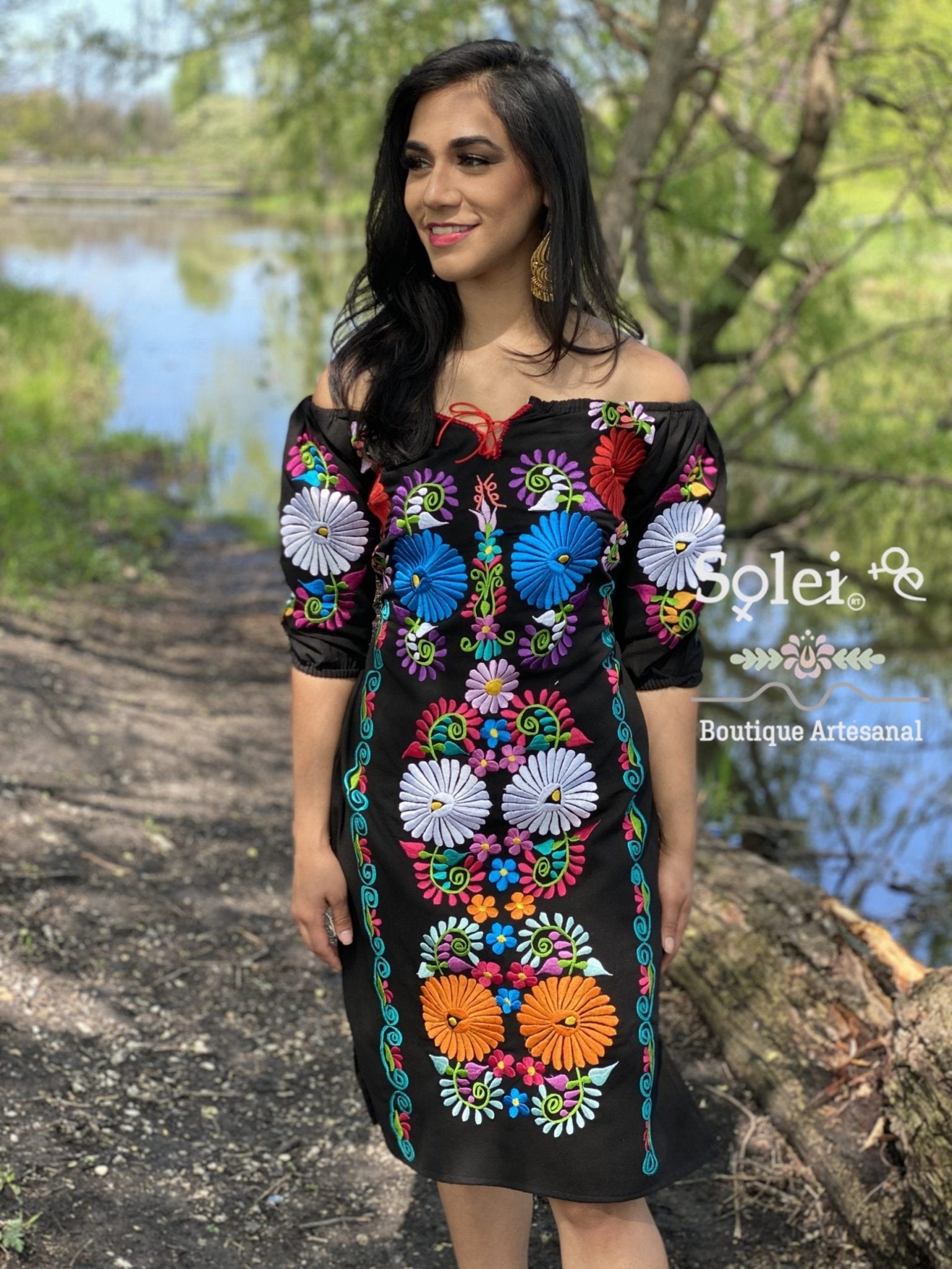 Front Tie Floral Dress. Mexican Floral Dress. Beautiful Embroidered Dress. - Solei Store