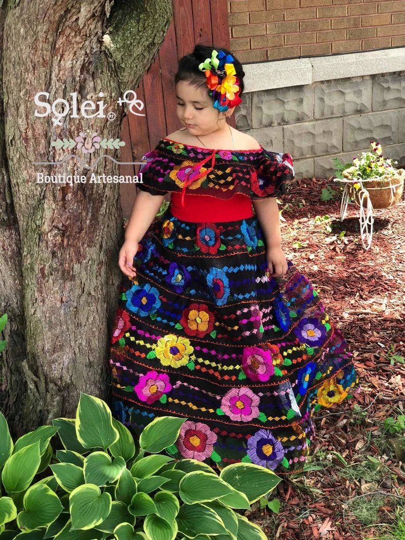 Girl’s Mexican Chiapaneco Hand Embroidered Dress. Chiapaneco Dress for Girls - Solei Store