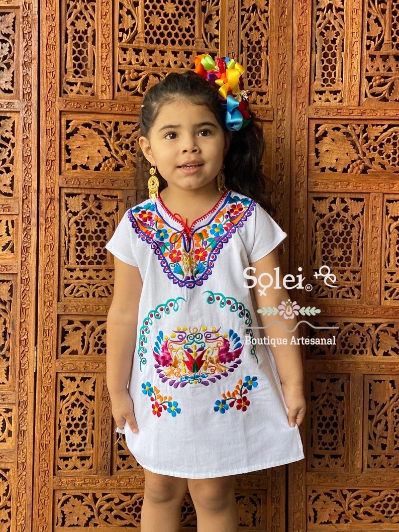 Girl’s Mexican Floral Hand Embroidered Kimono Dress. Girl's Kimono Dress - Solei Store