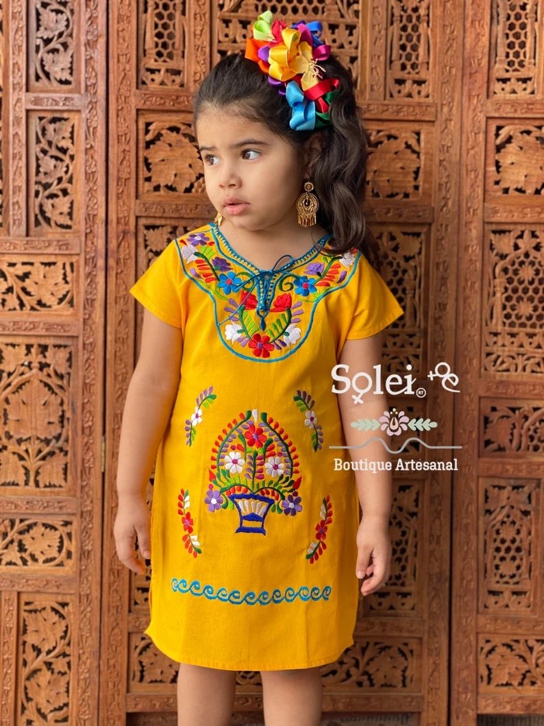 Girl’s Mexican Floral Hand Embroidered Kimono Dress. Girl's Kimono Dress - Solei Store