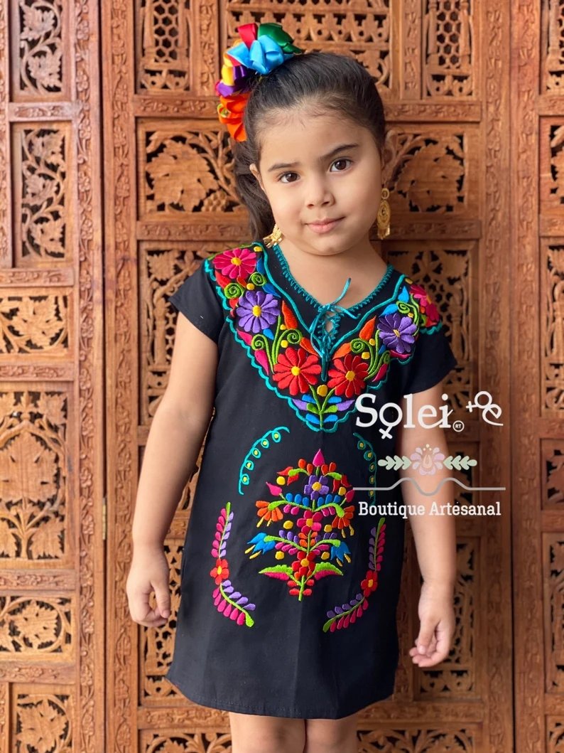 Girl’s Mexican Floral Hand Embroidered Kimono Dress. Girl's Kimono Dress - Solei Store