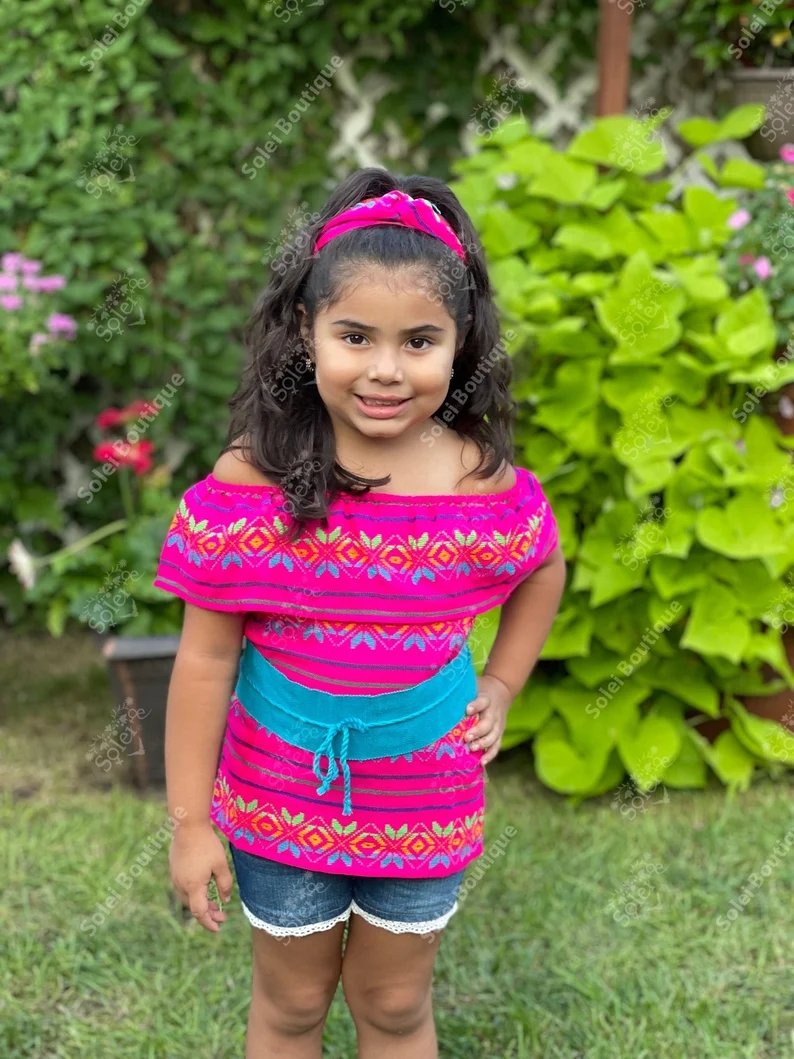 Girl's Traditional Mexican Blouse with Turban Headband. Cambaya Campesina Niña - Solei Store