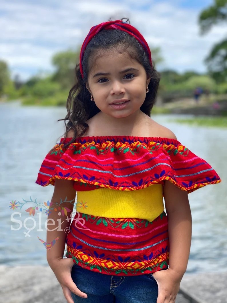 Girl's Traditional Mexican Blouse with Turban Headband. Cambaya Campesina Niña - Solei Store