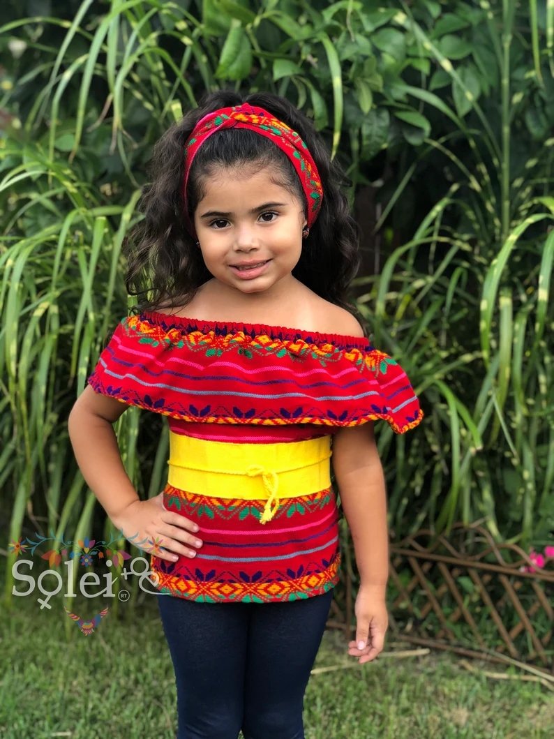 Girl's Traditional Mexican Blouse with Turban Headband. Cambaya Campesina Niña - Solei Store