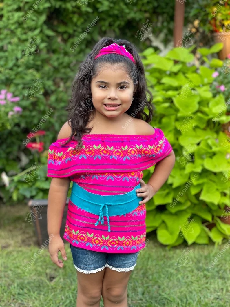 Girl's Traditional Mexican Blouse with Turban Headband. Cambaya Campesina Niña - Solei Store
