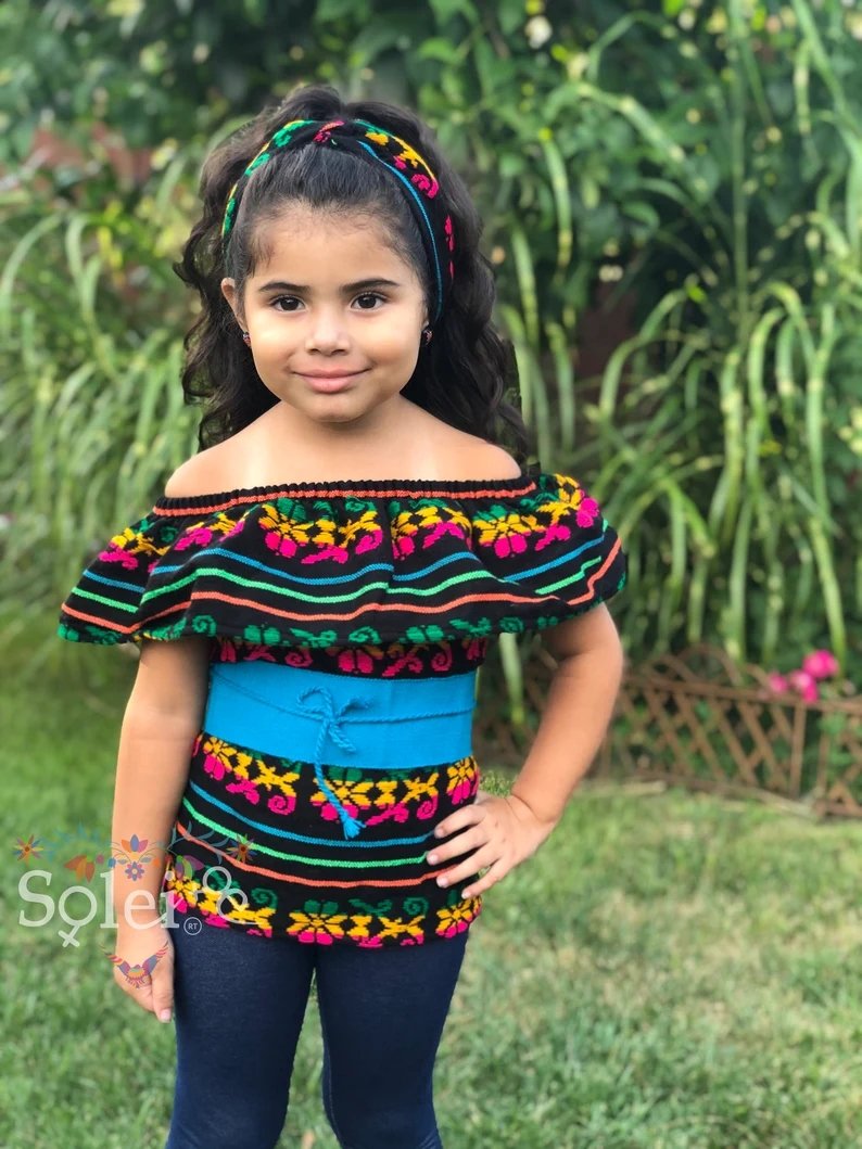 Girl's Traditional Mexican Blouse with Turban Headband. Cambaya Campesina Niña - Solei Store