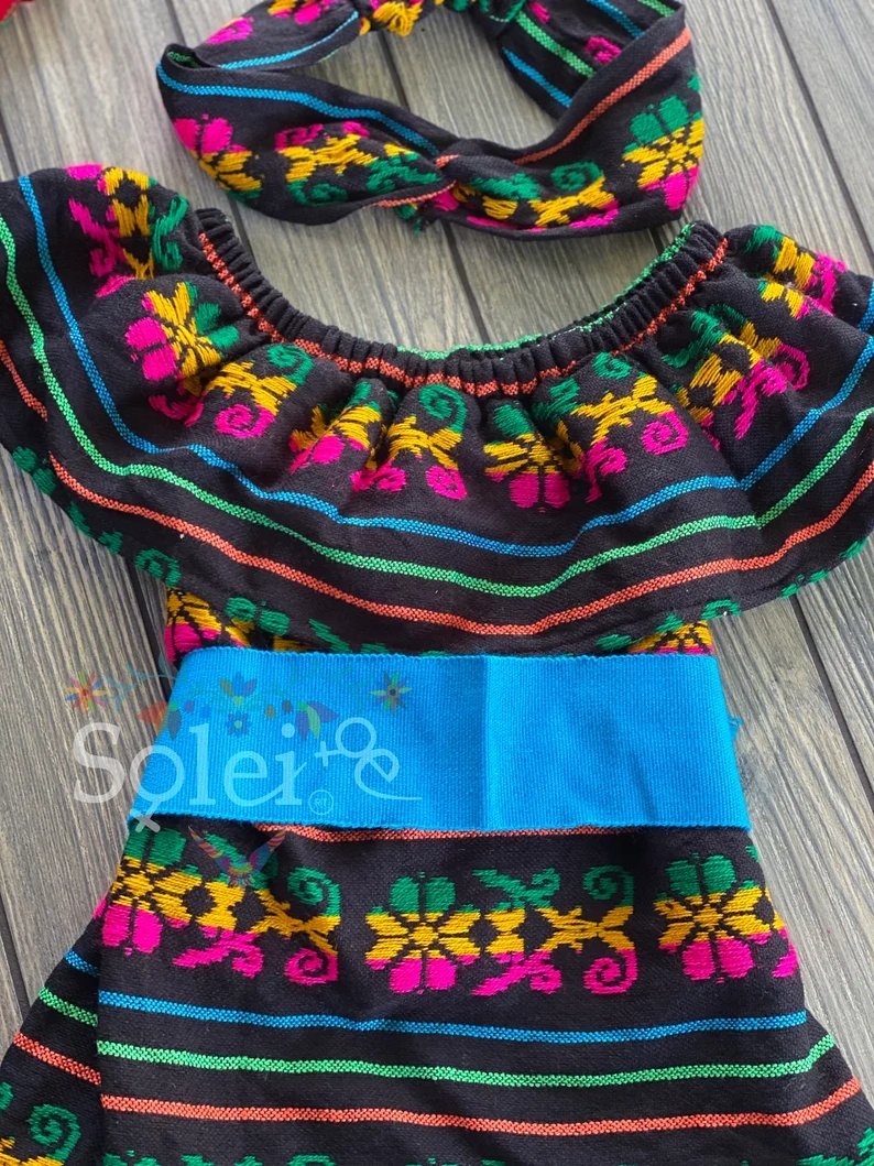 Girl's Traditional Mexican Blouse with Turban Headband. Cambaya Campesina Niña - Solei Store