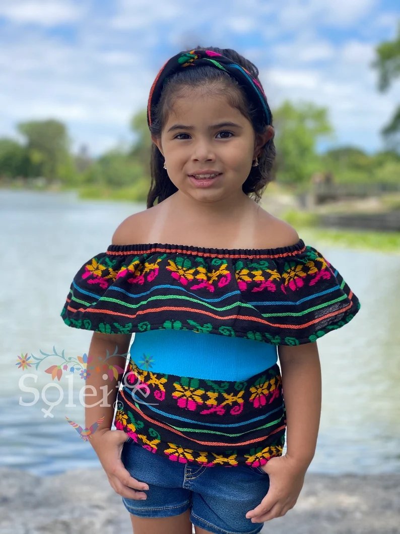 Girl's Traditional Mexican Blouse with Turban Headband. Cambaya Campesina Niña - Solei Store