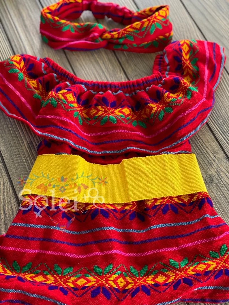 Girl's Traditional Mexican Blouse with Turban Headband. Cambaya Campesina Niña - Solei Store