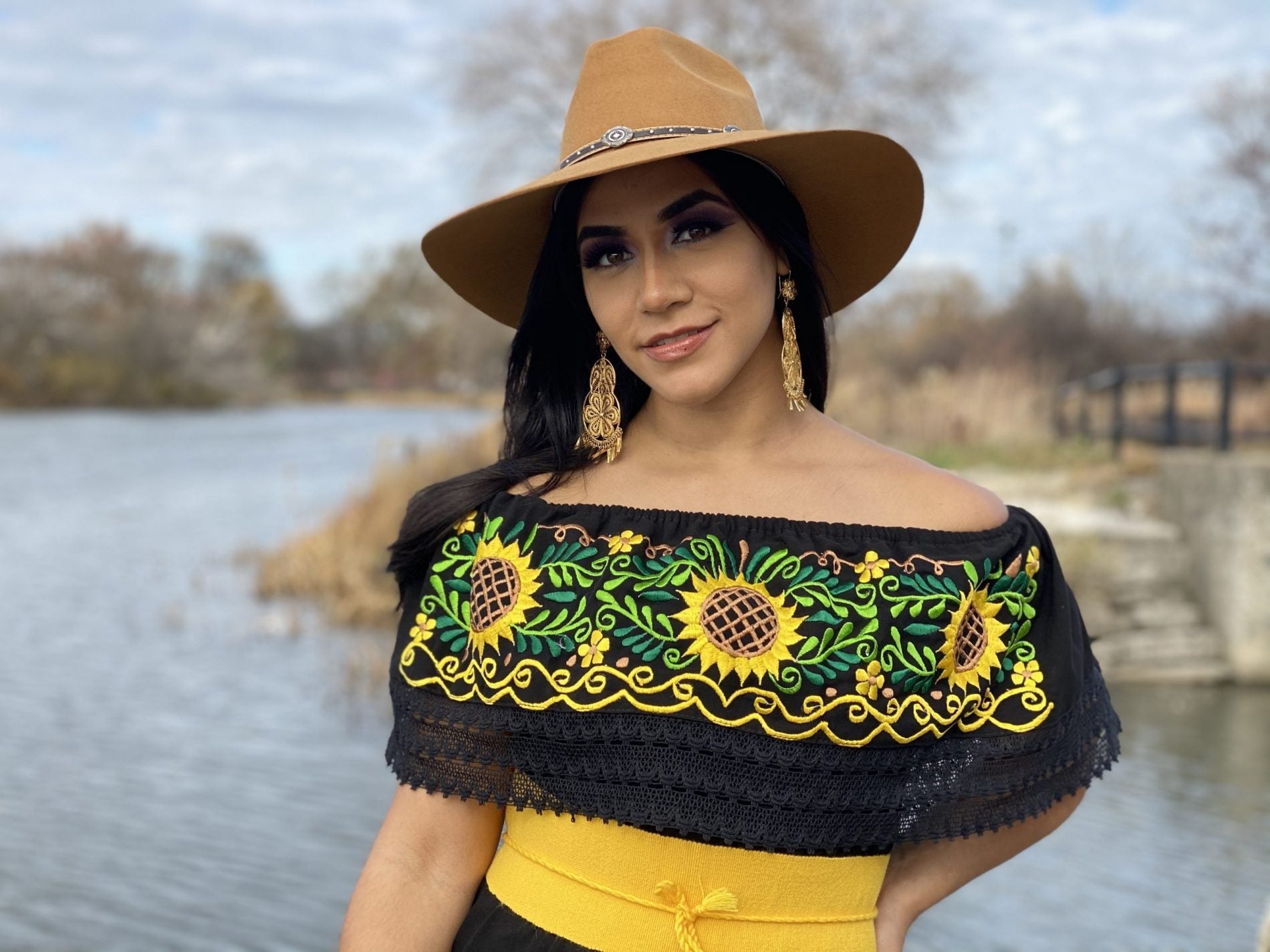 Giselle Blouse Off shoulder elastic waist blouse. Lace details. Yellow flower embroidery design. - Solei Store