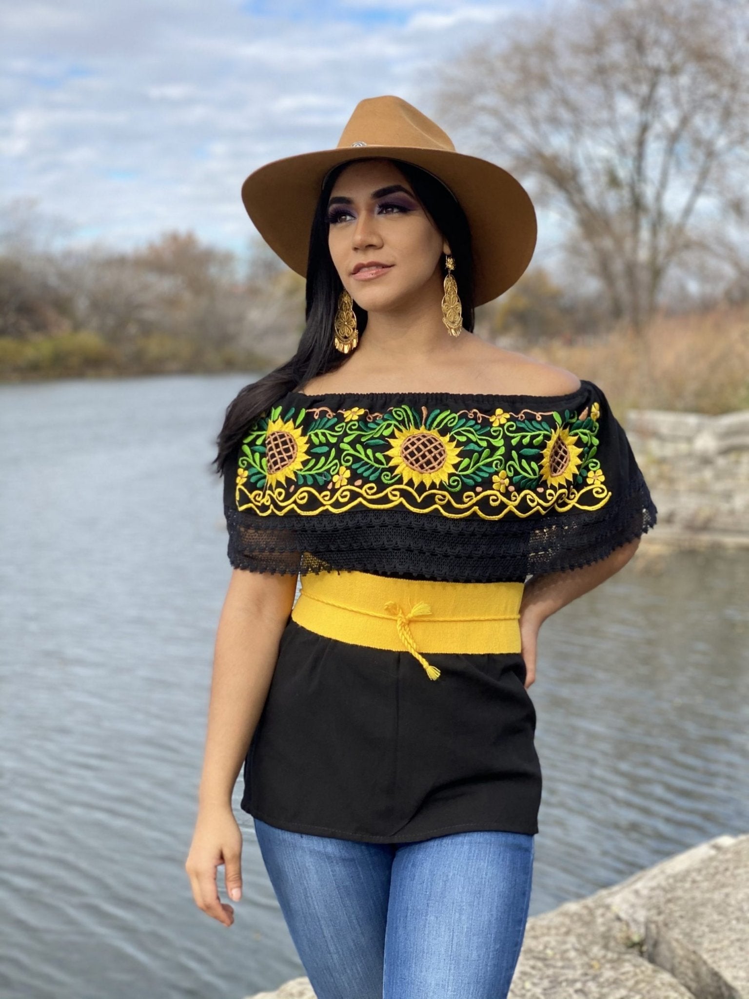 Giselle Blouse Off shoulder elastic waist blouse. Lace details. Yellow flower embroidery design. - Solei Store