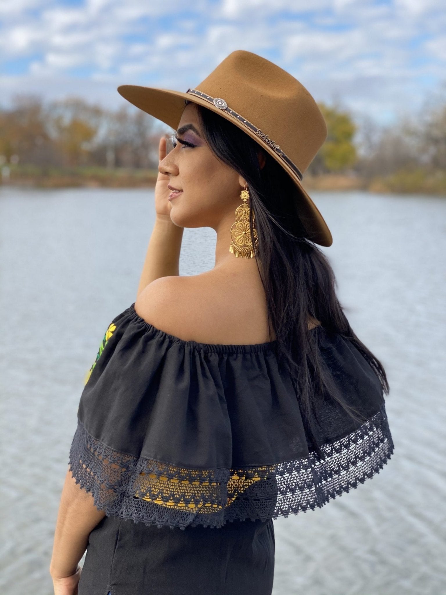 Giselle Blouse Off shoulder elastic waist blouse. Lace details. Yellow flower embroidery design. - Solei Store