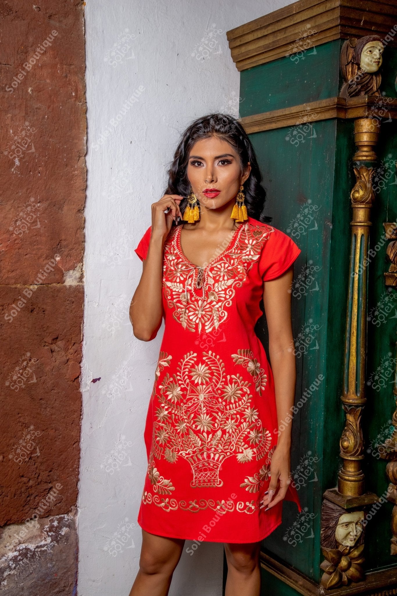 Golden Embroidered Mexican Kimono Dress - Solei Store