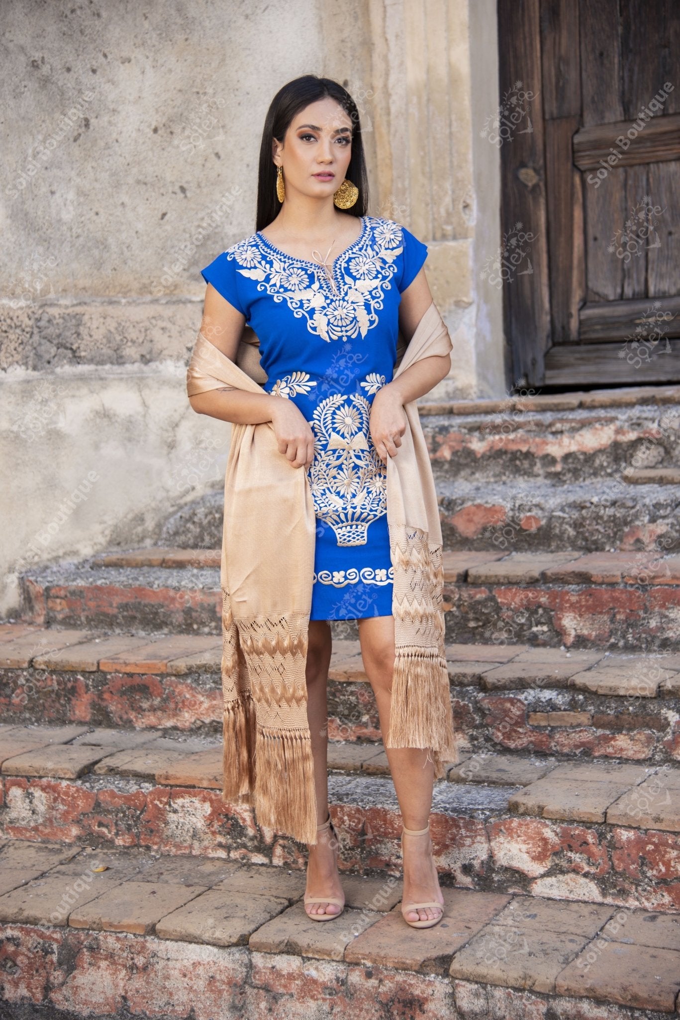 Golden Embroidered Mexican Kimono Dress - Solei Store