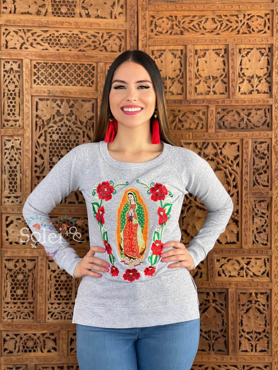 Guadalupe Virgin Embroidered Sweatshirt Mexican Artisanal Sweatshirt - Solei Store