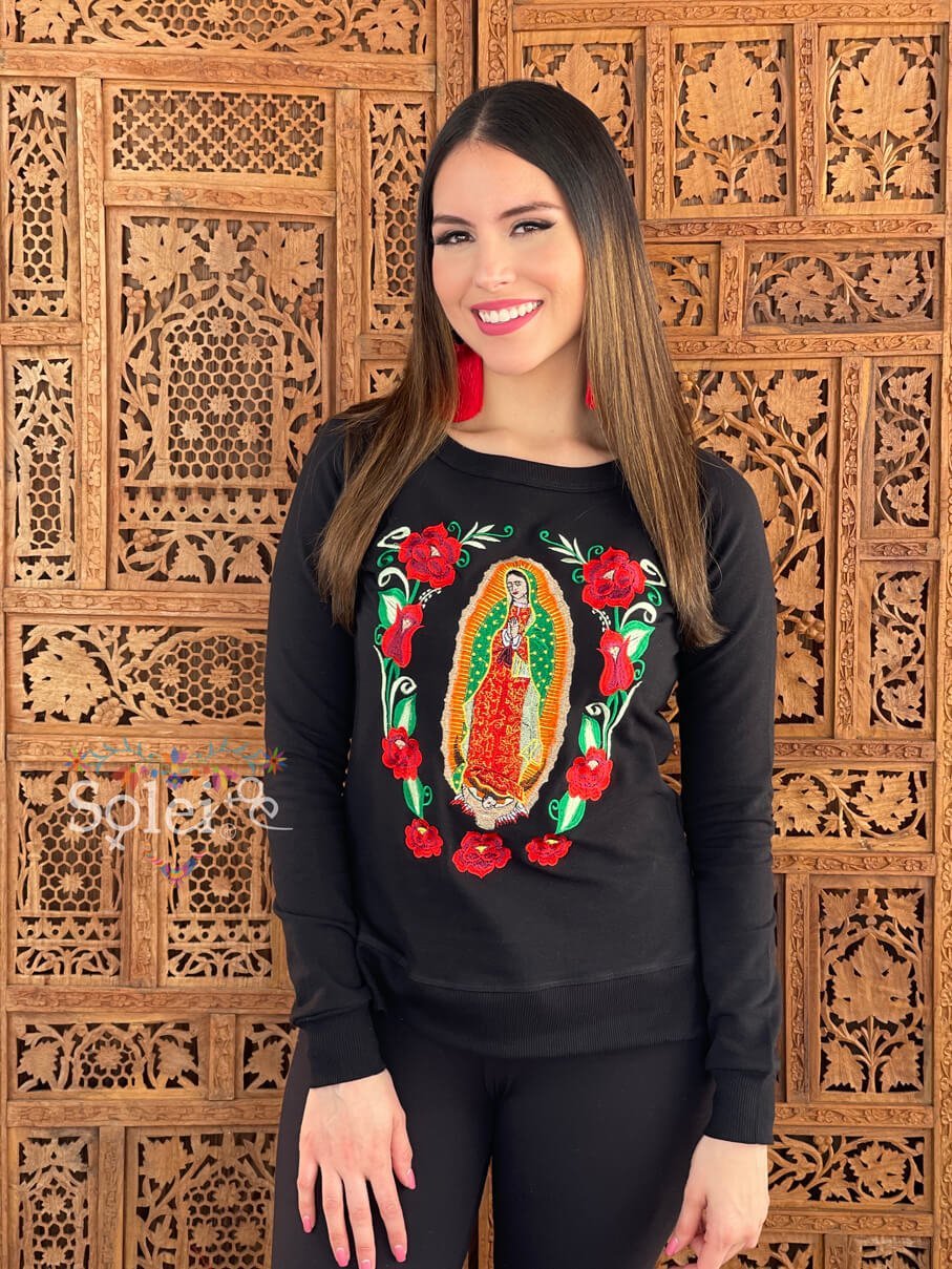 Guadalupe Virgin Embroidered Sweatshirt Mexican Artisanal Sweatshirt - Solei Store