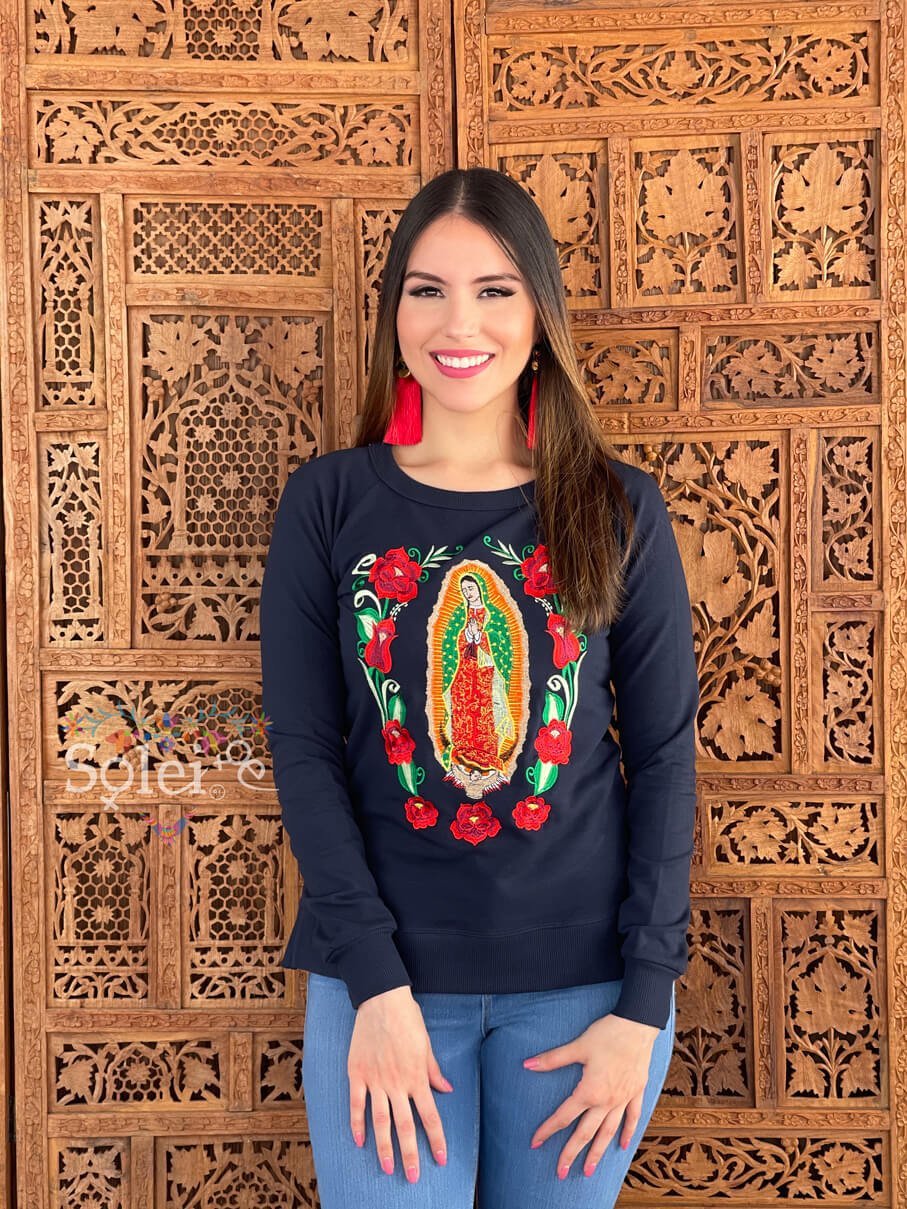 Guadalupe Virgin Embroidered Sweatshirt Mexican Artisanal Sweatshirt - Solei Store