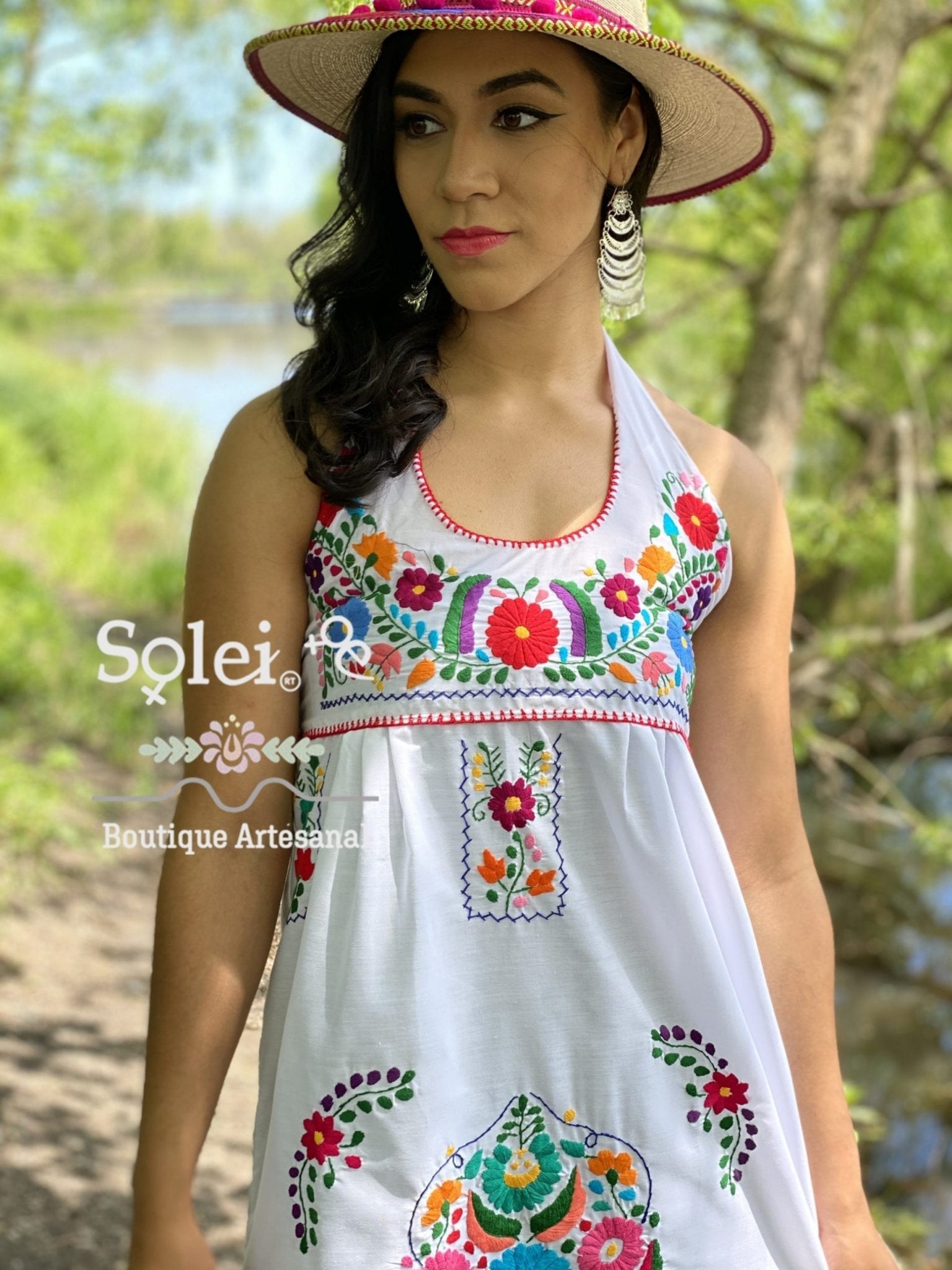 Halter strap neck dress, hand embroidered floral dress. - Solei Store