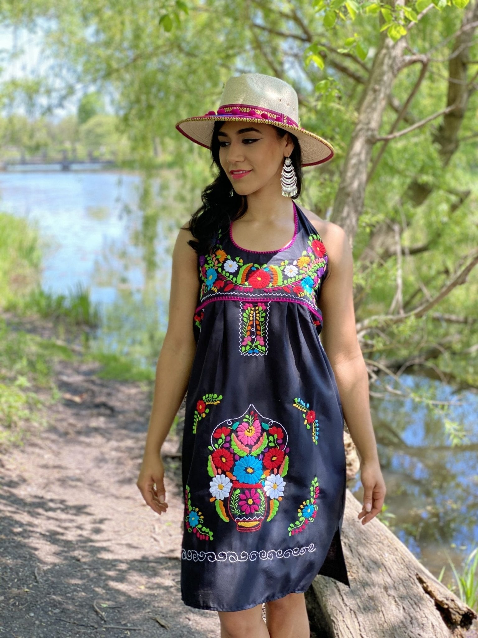 Halter strap neck dress, hand embroidered floral dress. - Solei Store