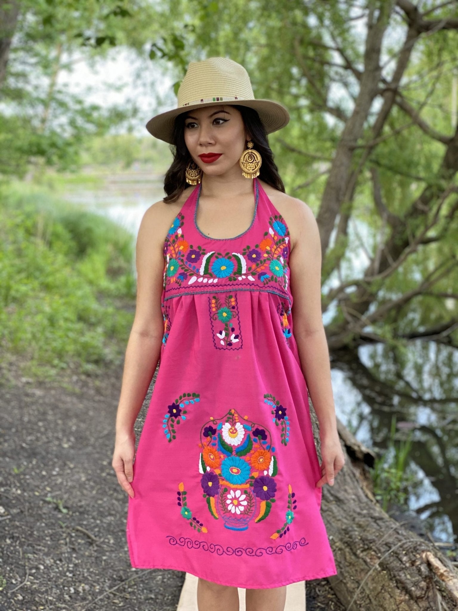 Halter strap neck dress, hand embroidered floral dress. - Solei Store