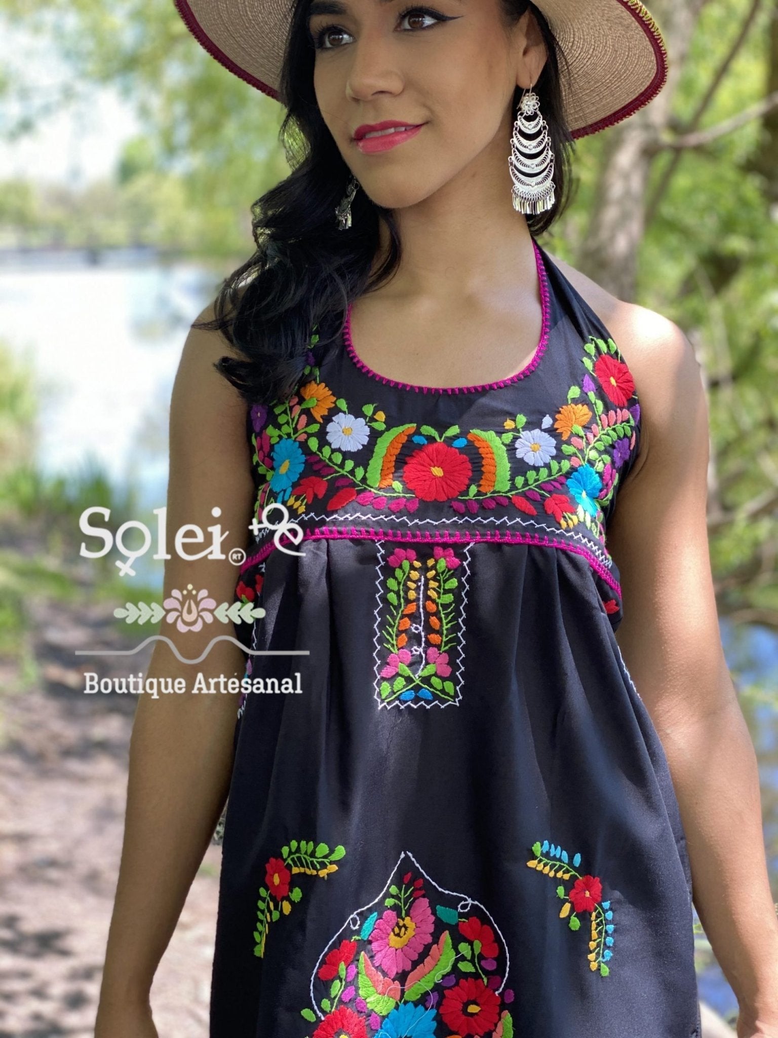 Halter strap neck dress, hand embroidered floral dress. - Solei Store