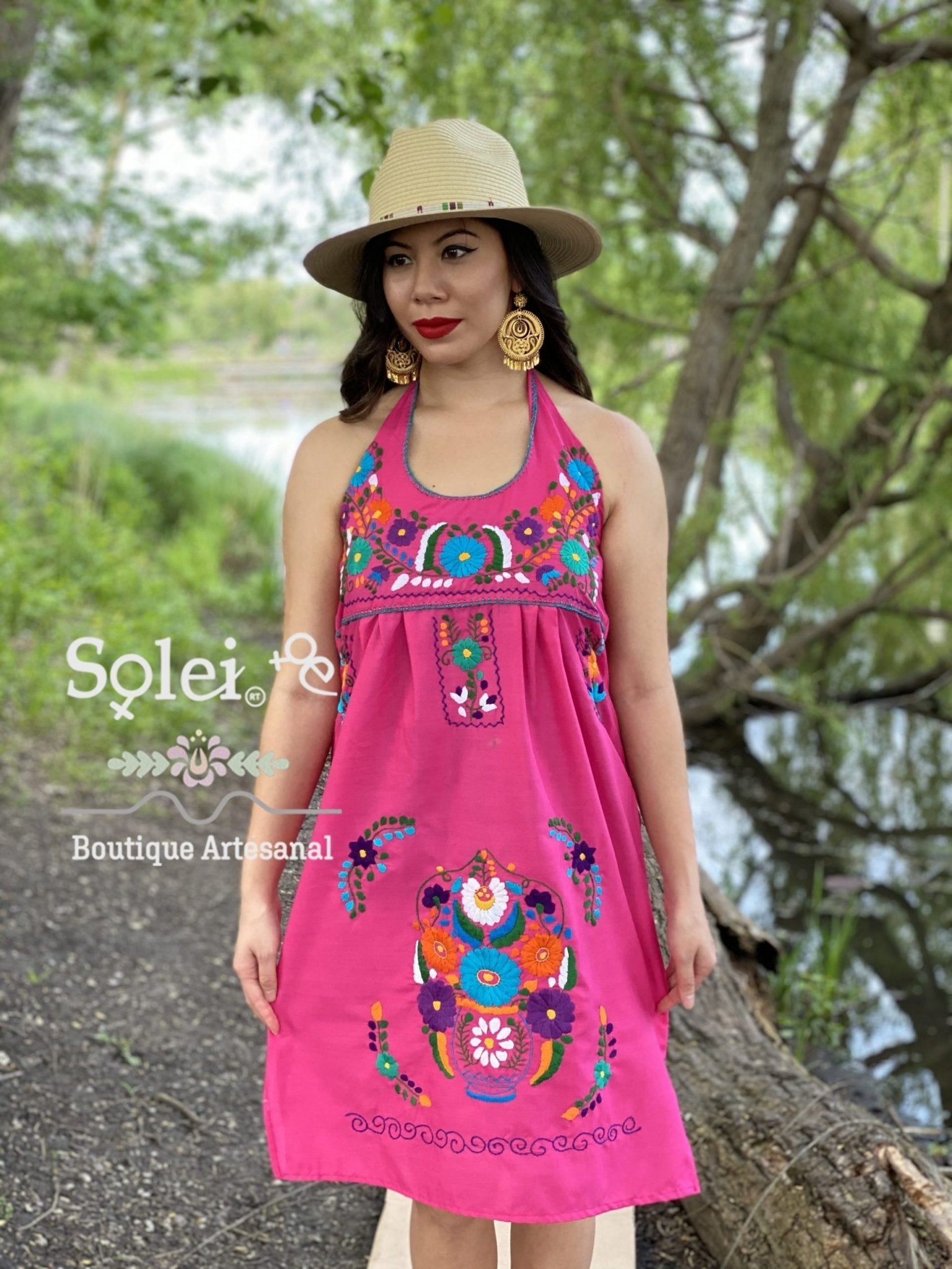 Halter strap neck dress, hand embroidered floral dress. - Solei Store