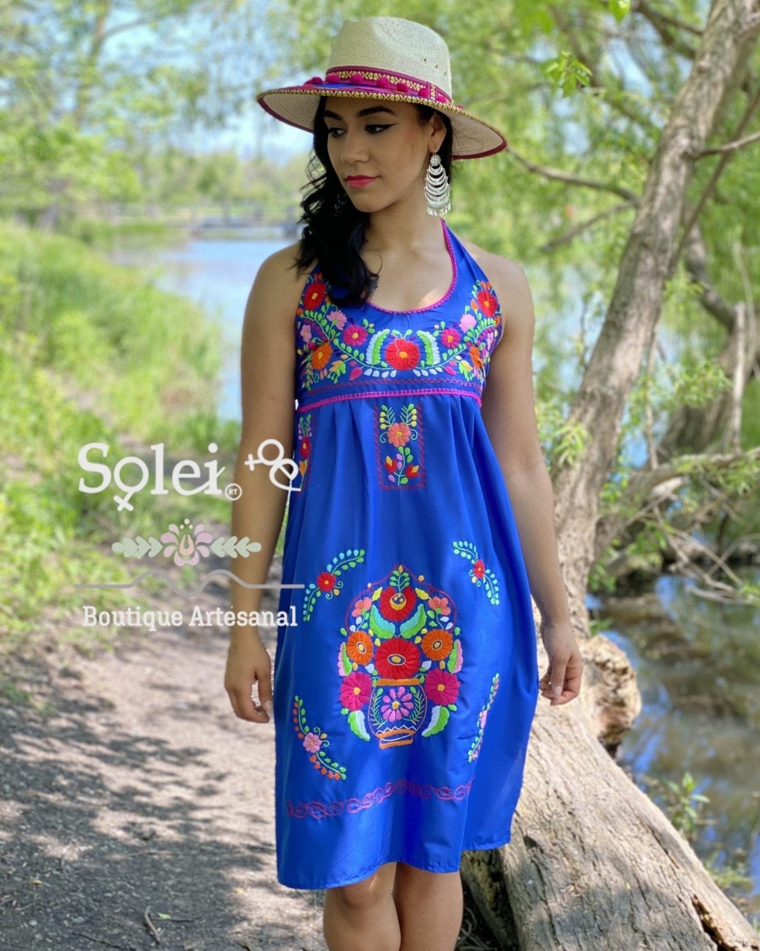 Halter strap neck dress, hand embroidered floral dress. - Solei Store